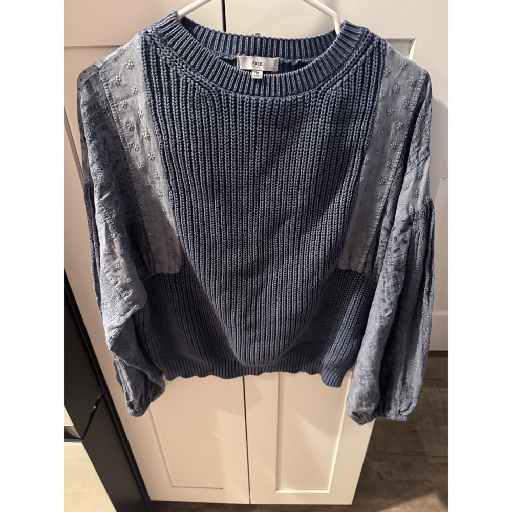 Fate Womens Blue Mixed Media Eyelet Paisley Balloon Sleeve Ribbed Sweater Size M - Picture 6 of 6